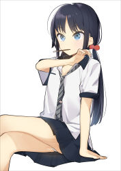 Rule 34 | 1girl, absurdres, arm support, black skirt, blue eyes, blush, collared shirt, crossed legs, diagonal-striped clothes, diagonal-striped necktie, diagonal-striped neckwear, food, food in mouth, grey necktie, hair bobbles, hair ornament, hand up, highres, long hair, low twintails, mouth hold, necktie, omucchan (omutyuan), original, panties, parted bangs, pleated skirt, pocky, shirt, short sleeves, simple background, sitting, skirt, solo, striped clothes, striped necktie, striped neckwear, twintails, underwear, very long hair, white background, white panties, white shirt