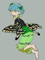 Rule 34 | 1girl, adapted costume, antennae, aqua hair, barefoot, black dress, blush stickers, butterfly wings, chamaruk, closed mouth, dress, eternity larva, fairy, full body, green dress, grey background, hair between eyes, insect wings, leaf, leaf on head, multicolored clothes, multicolored dress, short hair, short sleeves, simple background, sketch, smile, solo, touhou, wings, yellow eyes