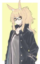 Rule 34 | 1girl, animal ear fluff, animal ears, arknights, black-framed eyewear, black jacket, brown eyes, closed mouth, collarbone, echj, glasses, grey shirt, hands in pockets, head tilt, highres, horse girl, jacket, light brown hair, long hair, long sleeves, looking at viewer, nearl (arknights), open clothes, open jacket, ponytail, shirt, sidelocks, solo, two-tone background, upper body, white background, yellow background