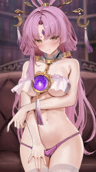 Rule 34 | 1girl, absurdres, arm under breasts, bare arms, bare shoulders, book, bookshelf, bow-shaped hair, breasts, chest jewel, closed mouth, constellation print, couch, cowboy shot, crescent print, embarrassed, forehead jewel, frilled tube top, frills, fu xuan (honkai: star rail), gem, hair ornament, hair stick, highres, honkai: star rail, honkai (series), long hair, looking at viewer, low twintails, medium breasts, navel, oreazu, panties, panty pull, parted bangs, purple gemstone, purple hair, purple panties, solo, strapless, tassel, too many, too many books, tube top, twintails, underboob, underwear, v-shaped eyebrows, very long hair, white tube top, yellow eyes