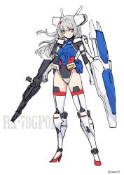 Rule 34 | 1girl, artist name, boots, breasts, character name, clenched hand, floating hair, full body, gloves, grey hair, gun, gundam, gundam 0083, gundam gp-01 zephyranthes, high heel boots, high heels, highres, holding, holding gun, holding shield, holding weapon, i.takashi, leotard, looking to the side, mecha musume, personification, pink eyes, shield, sketch, small breasts, smirk, solo, standing, thigh boots, thighhighs, v-shaped eyebrows, weapon, white background, white gloves