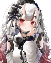 Rule 34 | 1girl, alternate costume, belt collar, black bow, black bowtie, black collar, black ribbon, blush, bow, bowtie, collar, detached sleeves, earrings, fang, frilled hairband, frills, gradient hair, grey hair, hairband, highres, hololive, horns, jewelry, long hair, looking at viewer, multicolored hair, nakiri ayame, ohagetty, oni, red eyes, red hair, ribbon, skin-covered horns, skin fang, smile, solo, streaked hair, two side up, virtual youtuber