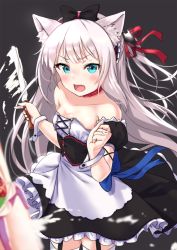 Rule 34 | 1girl, azur lane, bare shoulders, black background, black dress, blue bow, blue eyes, blurry, blurry foreground, blush, bow, breasts, cake, cleavage, commentary request, depth of field, detached sleeves, dress, fang, food, garter straps, hair ribbon, hammann (azur lane), highres, holding, holding knife, jewelry, knife, long hair, medium breasts, one side up, open mouth, puffy short sleeves, puffy sleeves, red ribbon, remodel (azur lane), ribbon, ring, short sleeves, silver hair, simple background, slashing, solo, standing, strapless, strapless dress, thighhighs, tsukiman, very long hair, wedding band, white thighhighs, wrist cuffs