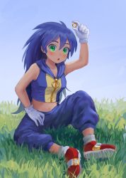 Rule 34 | 1girl, :o, baggy pants, blue hair, blue hoodie, blue pants, blush, breasts, commentary, crop top, english commentary, genderswap, genderswap (mtf), gloves, gold, grass, green eyes, highres, himuhino, holding, holding jewelry, holding ring, hood, hooded vest, hoodie, humanization, jewelry, long hair, midriff, navel, open mouth, pants, red footwear, ring, ring (sonic), shoes, sitting, small breasts, sonic (series), sonic the hedgehog, stomach, tan, very long hair, vest, white gloves, zipper pull tab