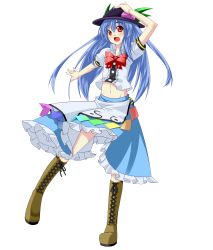 Rule 34 | 1girl, absurdres, akutsu, arm up, bad id, bad pixiv id, blue hair, blush, boots, bow, cross-laced footwear, female focus, food, fruit, full body, hand on headwear, hat, highres, hinanawi tenshi, lace-up boots, long hair, midriff, navel, open mouth, peach, red eyes, skirt, smile, solo, touhou, transparent background