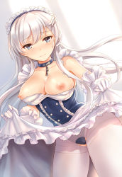 Rule 34 | 1girl, apron, azur lane, belfast (azur lane), black panties, blue eyes, blush, braid, breasts, broken, broken chain, chain, clothes lift, collar, collarbone, corset, covered erect nipples, dress, elbow gloves, french braid, frilled dress, frills, gloves, highres, large breasts, long hair, looking at viewer, maid, maid apron, maid headdress, nipples, panties, panties under pantyhose, pantyhose, skirt, skirt lift, sleeveless, sleeveless dress, smile, solo, torn clothes, torn pantyhose, underwear, waist apron, white apron, white gloves, white hair, white pantyhose, yuemanhuaikong