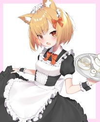 Rule 34 | 1girl, alternate costume, animal ear fluff, animal ears, apron, arknights, black dress, blonde hair, border, bow, breasts, cat ears, clothes lift, commentary, cowboy shot, cup, dress, dress lift, fox ears, frilled dress, frills, hair bow, hair ornament, highres, holding, looking at viewer, maid, maid headdress, notched ear, open mouth, orange bow, orange eyes, rui p, short hair, simple background, small breasts, solo, teacup, teapot, tray, v-shaped eyebrows, vermeil (arknights), white background, wrist cuffs