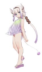 Rule 34 | 1girl, arms behind back, bare shoulders, beads, blue eyes, blunt bangs, bow, chemise, commentary, full body, gradient hair, hair beads, hair bow, hair ornament, highres, horns, kanna kamui, kobayashi-san chi no maidragon, long hair, looking at viewer, low twintails, multicolored hair, orangesekaii, purple hair, sidelocks, simple background, slippers, solo, standing, tail, twintails, very long hair, white background, white hair