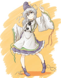 Rule 34 | &gt;:), 1girl, blue footwear, blue hat, blue skirt, frilled skirt, frills, full body, grey eyes, grey hair, hat, highres, japanese clothes, kariginu, layered clothes, layered sleeves, long hair, mononobe no futo, pigeon-toed, pointing, pointing up, pom pom (clothes), ponytail, ribbon-trimmed sleeves, ribbon trim, simple background, skirt, sleeves past wrists, smile, solo, tarumaru, tate eboshi, touhou, v-shaped eyebrows, wide sleeves