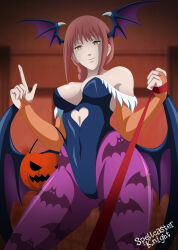 Rule 34 | 1girl, absurdres, braid, chainsaw man, cosplay, crossover, female focus, halloween, halloween costume, head wings, highres, looking at viewer, makima (chainsaw man), morrigan aensland, red hair, ringed eyes, solo, spellcaster knight, standing, symbol-shaped pupils, vampire (game), wings