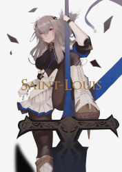 Rule 34 | 1girl, armor, artist request, azur lane, black pantyhose, boobplate, boots, breastplate, breasts, character name, closed mouth, corset, cross-laced footwear, floating hair, gauntlets, gloves, grey hair, hair between eyes, hair ornament, highres, holding, holding polearm, holding weapon, knee boots, lace-up boots, large breasts, left-handed, long hair, looking at viewer, miniskirt, mole, pantyhose, pleated skirt, polearm, red eyes, saint-louis (azur lane), sidelocks, skirt, solo, standing, weapon, white footwear, white skirt, wind