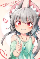 Rule 34 | 1girl, absurdres, alternate costume, animal ear fluff, animal ears, arm at side, blush, collarbone, commentary request, detached sleeves, green shirt, grey hair, grin, hand up, highres, jewelry, kibayashi kimori, looking at viewer, mouse ears, mouse tail, nazrin, painting (medium), pendant, pointing, pointing at viewer, red eyes, shirt, short hair, sleeveless, sleeveless shirt, smile, solo, tail, touhou, traditional media, upper body, v-shaped eyebrows, watercolor (medium)