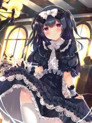 Rule 34 | 1girl, black bow, black dress, blurry, blurry background, blush, bow, closed mouth, commentary request, depth of field, dress, frilled dress, frills, gothic lolita, hair between eyes, hair bow, highres, hinata yuu (atelierhinata), idolmaster, idolmaster shiny colors, indoors, lolita fashion, long hair, morino rinze, puffy short sleeves, puffy sleeves, purple hair, red eyes, short sleeves, smile, solo, thighhighs, two side up, very long hair, white thighhighs, window, wrist cuffs