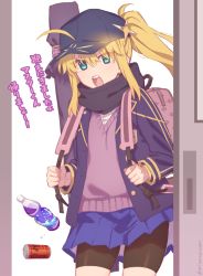 Rule 34 | 1girl, ahoge, artoria pendragon (fate), baseball cap, blush, breasts, can, contemporary, drink can, fate/grand order, fate (series), green eyes, hair through headwear, hat, highres, long hair, long sleeves, looking at viewer, mitsurugi sugar, mysterious heroine x (fate), open mouth, rojiura satsuki: chapter heroine sanctuary, scarf, small breasts, soda can, translation request