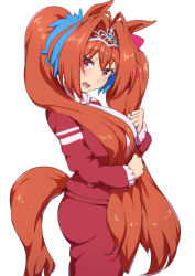 Rule 34 | 1girl, animal ears, antenna hair, blue gemstone, blush, breasts, brown hair, clenched hand, cowboy shot, daiwa scarlet (umamusume), fang, from side, gem, hair intakes, horse ears, horse girl, horse tail, large breasts, long hair, looking at viewer, mdf an, open mouth, pants, red eyes, simple background, smile, solo, standing, tail, tiara, track pants, twintails, umamusume, very long hair, white background
