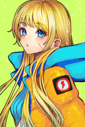 Rule 34 | 1girl, :o, animification, apex legends, blue bodysuit, blue eyes, blush, bodysuit, breasts, commentary, from side, green background, hair behind ear, highres, hood, hood down, hooded jacket, jacket, lightning bolt symbol, long hair, looking at viewer, open mouth, orange jacket, ribbed bodysuit, small breasts, solo, torakichi (torakichi neko), wattson (apex legends)
