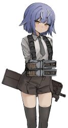 Rule 34 | 1girl, absurdres, ammunition, armor-piercing ammunition, arms behind back, black shorts, black thighhighs, blue hair, bullet, bullpup, closed mouth, collared shirt, commentary request, feet out of frame, fn 5.7x28mm, grey necktie, gun, hair flaps, handgun cartridge, highres, looking at viewer, necktie, original, p90, pdw cartridge, personal defense weapon, pistol cartridge, see-through, shirt, short hair, short shorts, shorts, simple background, sixthpaledot, solo, standing, submachine gun, thighhighs, transparent, weapon, white background, white shirt, yellow eyes