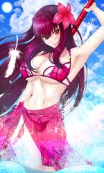 Rule 34 | 1girl, beach, bikini, bikini skirt, breasts, cleavage, cloud, fate/grand order, fate (series), feathers, flower, hair flower, hair ornament, hibiscus, holding, holding weapon, jewelry, large breasts, long hair, looking at viewer, navel, outdoors, polearm, purple hair, purple sarong, red eyes, red flower, sarong, scathach (fate), scathach (fate/grand order), scathach (swimsuit assassin) (fate), see-through, skirt hold, solo, spear, sun, swimsuit, underboob, weapon, weapon on back