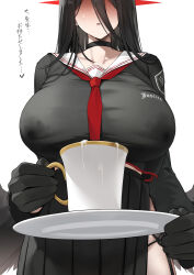 Rule 34 | 1girl, absurdres, amondo, black choker, black feathers, black gloves, black hair, black wings, blue archive, blush, breast milk, breasts, choker, cup, faceless, faceless female, feathers, full-face blush, gloves, hasumi (blue archive), highres, holding, holding cup, holding plate, huge breasts, implied lactation, low wings, neckerchief, parted lips, plate, pleated skirt, red neckerchief, sailor collar, school uniform, serafuku, side slit, simple background, skirt, solo, stain, stained clothes, teacup, translated, white background, wings