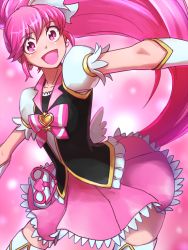 Rule 34 | 10s, 1girl, :d, aino megumi, bow, brooch, cure lovely, happinesscharge precure!, happy, heart, heart brooch, jewelry, long hair, magical girl, nyaasora, open mouth, outstretched arms, pink background, pink bow, pink eyes, pink hair, pink skirt, pink theme, ponytail, precure, skirt, smile, solo, spread arms, thighhighs, white thighhighs, wide ponytail