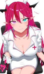 Rule 34 | 1girl, absurdres, alternate costume, blue eyes, blush, breasts, cleavage, gloves, hat, heterochromia, highres, holding, holding needle, hololive, hololive english, horns, irys (hololive), large breasts, long hair, looking at viewer, multicolored hair, needle, nurse, nurse cap, on chair, pointy ears, purple eyes, purple hair, red hair, simple background, sitting, smile, solo, streaked hair, totokara7, very long hair, virtual youtuber, white background, white gloves