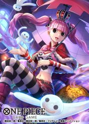 Rule 34 | 1girl, black eyes, blunt bangs, capelet, colored smoke, commentary request, copyright name, crop top, crossed legs, crown, eyelashes, ghost, hokuyuu, long sleeves, looking to the side, miniskirt, official art, one piece, one piece card game, pantyhose, perona, pink hair, red capelet, red lips, skirt, smile, smoke, striped clothes, striped pantyhose, tongue, tongue out, twintails