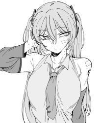 Rule 34 | 1girl, absurdres, bite mark, detached sleeves, greyscale, hand in own hair, hatsune miku, highres, monochrome, necktie, simple background, solo, twintails, urec, white background