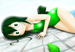 Rule 34 | 10s, 1girl, :&gt;, asui tsuyu, black hair, boku no hero academia, competition school swimsuit, frog, green one-piece swimsuit, hair between eyes, long hair, low-tied long hair, one-piece swimsuit, school swimsuit, solo, swimsuit, yuzeto