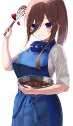 Rule 34 | 1girl, absurdres, apron, blue apron, blue eyes, blush, bowl, breasts, chocolate, closed mouth, cooking, cowboy shot, go-toubun no hanayome, hair between eyes, headphones, headphones around neck, heart, highres, hiyoku, large breasts, long bangs, long hair, long sleeves, looking at viewer, nakano miku, ponytail, shirt, sidelocks, simple background, sleeves rolled up, smile, solo, valentine, whisk, white background, white shirt