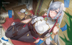 Rule 34 | 1girl, absurdres, black gloves, blue eyes, blue hair, blue nails, blush, breasts, ctrlz77, cup, earrings, genshin impact, gloves, highres, jewelry, leaf, long hair, looking at viewer, nail polish, pill, shenhe (genshin impact), sitting, solo, teacup, teapot, toenail polish, toenails, very long hair