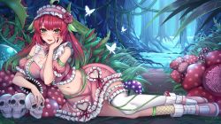 Rule 34 | 1girl, absurdres, bare shoulders, blush, breasts, detached sleeves, full body, green eyes, gu li, highres, indie virtual youtuber, large breasts, long hair, looking at viewer, lying, navel, on side, outdoors, parted lips, pink skirt, red hair, short sleeves, skirt, skull, smile, solo, teeth, thighhighs, thighs, virtual youtuber, white thighhighs