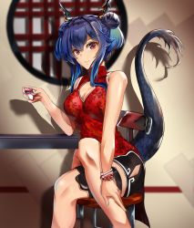 Rule 34 | 1girl, absurdres, arknights, bare arms, bare shoulders, black shorts, blue hair, breasts, ch&#039;en (ageless afterglow) (arknights), ch&#039;en (arknights), china dress, chinese clothes, cleavage, cleavage cutout, clothing cutout, commentary request, crossed legs, double bun, dragon horns, dragon tail, dress, drop shadow, hair between eyes, hair bun, hand up, highres, holding, horns, huge filesize, indoors, long hair, looking at viewer, mika uni, official alternate costume, red dress, red eyes, short shorts, shorts, sidelocks, sitting, sleeveless, sleeveless dress, solo, tail, thighs