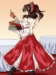 Rule 34 | 1girl, back, bare back, bare shoulders, black hair, bow, brown eyes, detached sleeves, dress, female focus, food, hair bow, hakurei reimu, half updo, japanese clothes, looking back, mamedenchi, miko, ponytail, solo, touhou