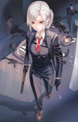 Rule 34 | 1girl, 4boys, absurdres, black gloves, black jacket, black pants, black vest, breasts, brown footwear, cigarette, collared shirt, commentary, crack, cracked wall, earrings, english commentary, eyes visible through hair, formal, full body, gloves, gun, handgun, highres, holding, holding gun, holding weapon, indoors, jacket, jewelry, kfr, long hair, long sleeves, multiple boys, necktie, open clothes, open jacket, original, pants, pistol, plant, potted plant, red eyes, red necktie, serious, shirt, shoes, silver hair, standing, submachine gun, suit, unconscious, vest, weapon, white shirt