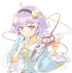 Rule 34 | 1girl, arnest, black hairband, blue shirt, closed mouth, hairband, heart, highres, index finger raised, komeiji satori, long sleeves, looking at viewer, pink eyes, pink hair, shirt, short hair, simple background, smile, solo, third eye, touhou, upper body, white background, wide sleeves