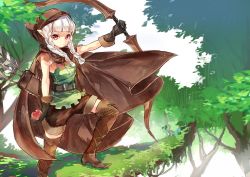 Rule 34 | 1girl, apple, bad id, bad pixiv id, boots, bow (weapon), braid, cloak, dragon&#039;s crown, elf (dragon&#039;s crown), food, fruit, gloves, highres, hood, long hair, nature, pointy ears, purple eyes, quiver, solo, thigh boots, thighhighs, tree, twin braids, weapon, white hair, yutoriro