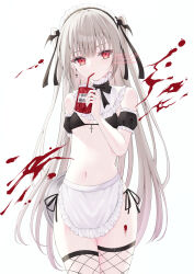 Rule 34 | 1girl, apron, bare shoulders, bikini, blonde hair, blood, blood bag, blood splatter, breasts, detached collar, detached sleeves, drinking, drinking straw, drinking straw in mouth, fishnet thighhighs, fishnets, frilled apron, frills, highres, inverted cross earrings, long hair, looking at viewer, maid, maid bikini, maid headdress, murur (matsumikoru), navel, original, red eyes, side-tie bikini bottom, simple background, small breasts, solo, swimsuit, thighhighs, thighs, two side up, unconventional maid, vampire, white apron, white background