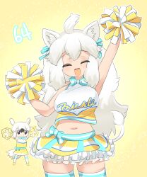 Rule 34 | 2girls, :d, aardwolf (kemono friends), ahoge, alternate costume, animal ear fluff, animal ears, arm up, armpits, black eyes, black hair, blue bow, blue bowtie, blush, bow, bowtie, breasts, cheerleader, closed eyes, clothes writing, commentary request, cowboy shot, crop top, frilled skirt, frills, highres, kemono friends, large breasts, lets0020, lion ears, lion girl, lion tail, long hair, medium bangs, midriff, multiple girls, navel, numbered, open mouth, pom pom (cheerleading), shirt, short hair, skirt, sleeveless, sleeveless shirt, smile, solo focus, tail, thighhighs, white hair, white lion (kemono friends), white thighhighs, yellow background, yellow skirt