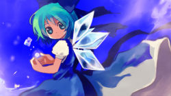 Rule 34 | 1girl, aqua hair, blue background, blue bow, blue dress, blue eyes, blue ribbon, bow, chaba (hortensia), cirno, dress, embodiment of scarlet devil, female focus, from side, glowing, hair bow, ice, ice wings, puffy short sleeves, puffy sleeves, ribbon, shirt, short hair, short sleeves, solo, touhou, white shirt, wings