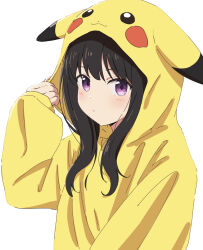 Rule 34 | 1girl, alternate costume, ama (ama ekaku), black hair, blush, closed mouth, commentary request, creatures (company), dot mouth, dot nose, game freak, gen 1 pokemon, hand up, highres, hood, hood up, hoodie, inoue takina, long sleeves, looking at viewer, lycoris recoil, nintendo, partial commentary, pikachu, pikachu costume, pokemon, purple eyes, sidelocks, simple background, solo, upper body, white background, yellow hoodie