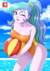 Rule 34 | 1girl, ball, beach, beachball, breasts, celestia (my little pony), cleavage, hasbro, large breasts, looking at viewer, my little pony, my little pony: equestria girls, my little pony: friendship is magic, one-piece swimsuit, one eye closed, patreon logo, ponytail, swimsuit, uotapo, water, wink