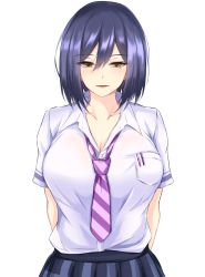 Rule 34 | 1girl, :d, arms behind back, blue hair, blue skirt, breast pocket, breasts, cleavage, collarbone, commentary request, hair between eyes, highres, large breasts, looking at viewer, necktie, nijisanji, open mouth, pleated skirt, pocket, purple necktie, shirt, shizuka rin, shizuka rin (3rd costume), short hair, short sleeves, simple background, skirt, smile, solo, striped necktie, striped neckwear, upper body, virtual youtuber, watarase piro, white background, white shirt, yellow eyes