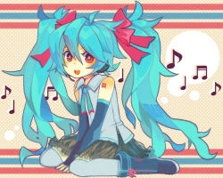 Rule 34 | 1girl, bow, detached sleeves, hair bow, hatsune miku, headset, long hair, musical note, open mouth, roku roku (greentea66), sitting, skirt, solo, tattoo, thighhighs, twintails, very long hair, vocaloid, wariza