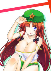 Rule 34 | 1girl, :p, alternate costume, blue eyes, braid, breasts, camisole, cleavage, female focus, hat, hong meiling, kiku hitomoji, large breasts, long hair, off shoulder, one eye closed, red hair, shirt, shorts, solo, star (symbol), strap slip, tongue, tongue out, touhou, twin braids, wink