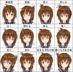 Rule 34 | 10s, 1girl, brown eyes, brown hair, chart, expressions, folded ponytail, hair up, inazuma (kancolle), kantai collection, kazasuzu, looking at viewer, multiple views, open mouth, partially translated, personification, school uniform, serafuku, smile, sweatdrop, translation request