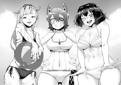 Rule 34 | 10s, 3girls, ball, beachball, bifidus, bikini, blush, breasts, collaboration, curvy, eyepatch, gradient background, greyscale, grin, hair flaps, ise (kancolle), kantai collection, kurozu (crozu), large breasts, looking at viewer, monochrome, multiple girls, navel, necktie, remodel (kantai collection), scar, smile, standing, swimsuit, tenryuu (kancolle), thick thighs, thighs, tocky, wide hips, yuudachi (kancolle)