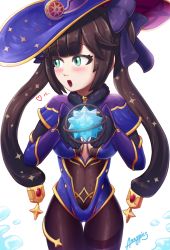 Rule 34 | 1girl, aqua eyes, azzypics, black hair, black pantyhose, blue leotard, blush, bodystocking, breasts, chocolate, choker, covered navel, crescent, crescent hat ornament, fur collar, genshin impact, giving, gloves, gold trim, hair ornament, hat, hat ornament, highres, jewelry, leotard, long hair, looking at viewer, medium breasts, mona (genshin impact), open mouth, pantyhose, raised eyebrows, solo, sparkle, sparkle print, star (symbol), star choker, star hair ornament, thigh gap, thighlet, twintails, water, wide hips, witch hat