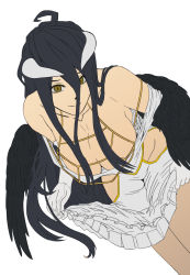 Rule 34 | 1girl, albedo (overlord), bare shoulders, black hair, black wings, breasts, demon girl, demon horns, demon wings, dreamman, dress, elbow gloves, feathers, gloves, greyscale, hair between eyes, highres, horns, large breasts, long hair, looking at viewer, monochrome, open mouth, overlord (maruyama), simple background, smile, solo, thighhighs, thighs, white dress, white gloves, wings, yellow eyes
