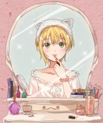 Rule 34 | 1girl, 270 (woshizongg), animal ears, blonde hair, bottle, chinese commentary, collarbone, cosmetics, drawer, face powder, frilled shirt, frills, green eyes, hair brush, hand mirror, headwear request, highres, holding, holding hair brush, idolmaster, idolmaster cinderella girls, light blush, lipstick tube, looking at mirror, makeup, makeup brush, mascara, mirror, miyamoto frederica, nail polish bottle, off-shoulder shirt, off shoulder, pencil, perfume bottle, pink lips, pink lipstick tube, pink shirt, scissors, shirt, short hair, solo, table, tongue, tongue out, vanity table, white headwear