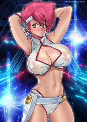 Rule 34 | 1girl, arm up, armpits, bare shoulders, breasts, brown eyes, cleavage, cleavage cutout, clothing cutout, covered erect nipples, crop top, dirty pair, earrings, female focus, gloves, groin, headband, highres, jewelry, kei (dirty pair), large breasts, looking at viewer, medium hair, navel, nipples, open mouth, oyaman, red hair, see-through, short shorts, shorts, sleeveless, solo, standing, thighs